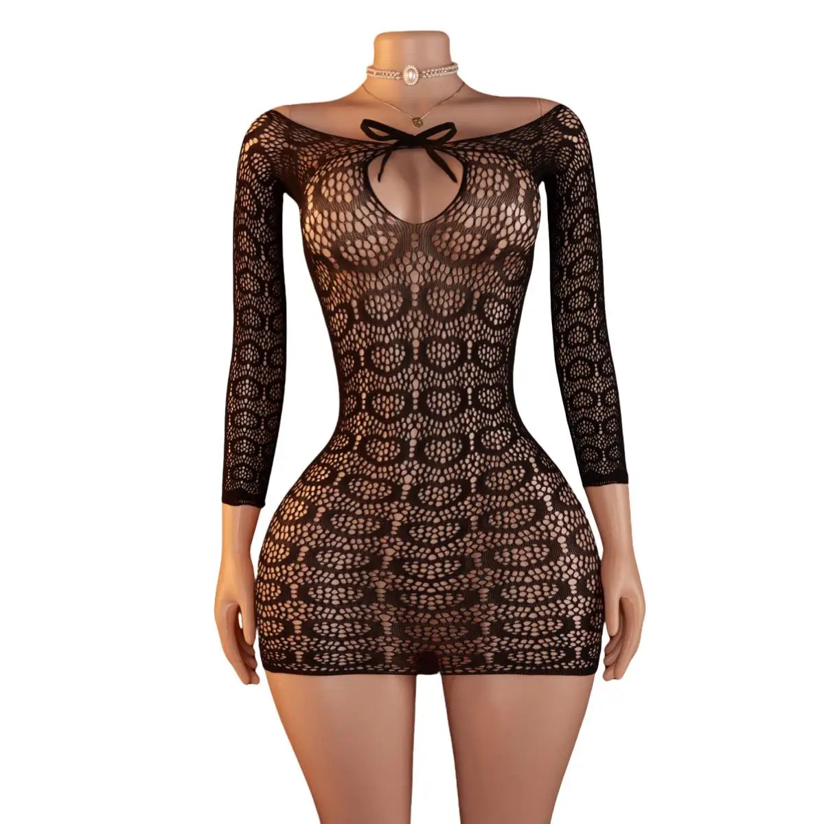 Black Transparent Mesh Long Sleeve Dress Elastic Net Lingerie Hollow Exotic Babydoll Teddy Costumes Fetish Porno Skirt