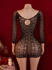 Black Transparent Mesh Long Sleeve Dress Elastic Net Lingerie Hollow Exotic Babydoll Teddy Costumes Fetish Porno Skirt