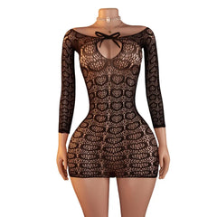 Black Transparent Mesh Long Sleeve Dress Elastic Net Lingerie Hollow Exotic Babydoll Teddy Costumes Fetish Porno Skirt