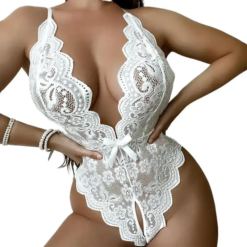 Crotchless White Lingerie Lace Hollow Bodysuit Erotic Costumes Teddy Babydoll Dress Deep V Open Bra Porn Underwear