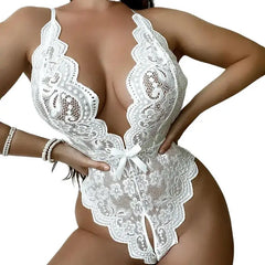 Crotchless White Lingerie Lace Hollow Bodysuit Erotic Costumes Teddy Babydoll Dress Deep V Open Bra Porn Underwear