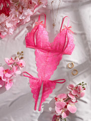 Deep V Lace Teddy Lingerie Sheer Open Crotch & Backless Female Sling Pink Jumpsuit
