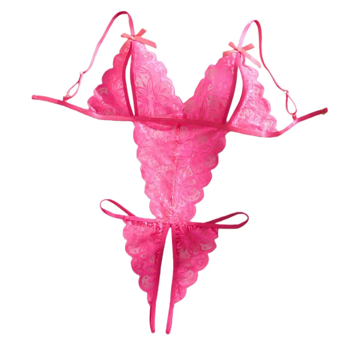 Deep V Lace Teddy Lingerie Sheer Open Crotch & Backless Female Sling Pink Jumpsuit