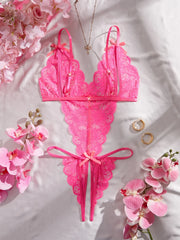Deep V Lace Teddy Lingerie Sheer Open Crotch & Backless Female Sling Pink Jumpsuit