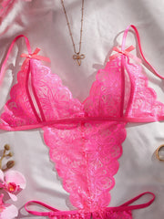 Deep V Lace Teddy Lingerie Sheer Open Crotch & Backless Female Sling Pink Jumpsuit