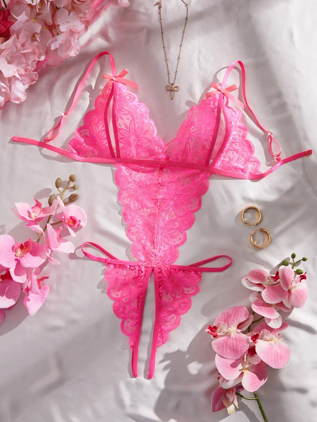 Deep V Lace Teddy Lingerie Sheer Open Crotch & Backless Female Sling Pink Jumpsuit