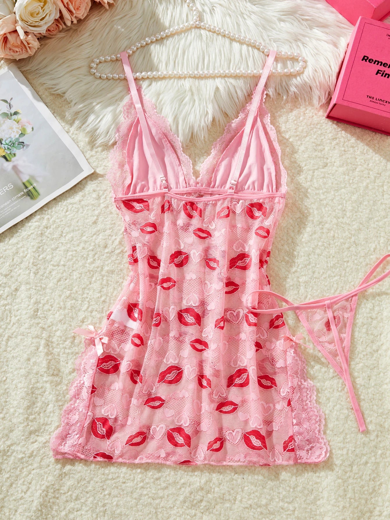 Deep V Transparent Lace Pink Ladies' Nightgown Erotic Costumes Ultra Short Temptation Dress Babydoll Underwear