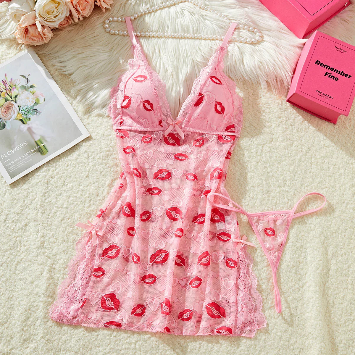 Deep V Transparent Lace Pink Ladies' Nightgown Erotic Costumes Ultra Short Temptation Dress Babydoll Underwear