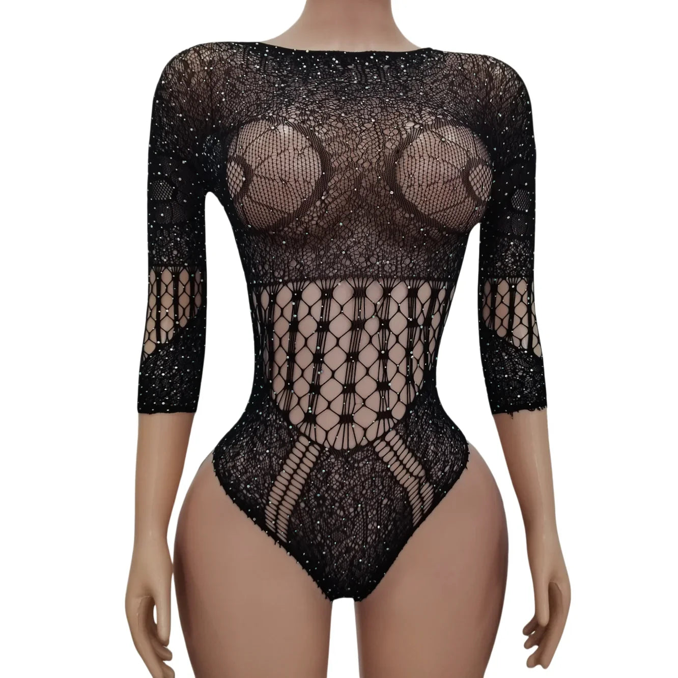 European And American Hollow out Bodysuit with Bright Diamonds Fish Net Temptation Long Sleeve V-Neck Fun Tight Body Suit