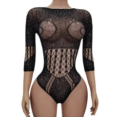 European And American Hollow out Bodysuit with Bright Diamonds Fish Net Temptation Long Sleeve V-Neck Fun Tight Body Suit