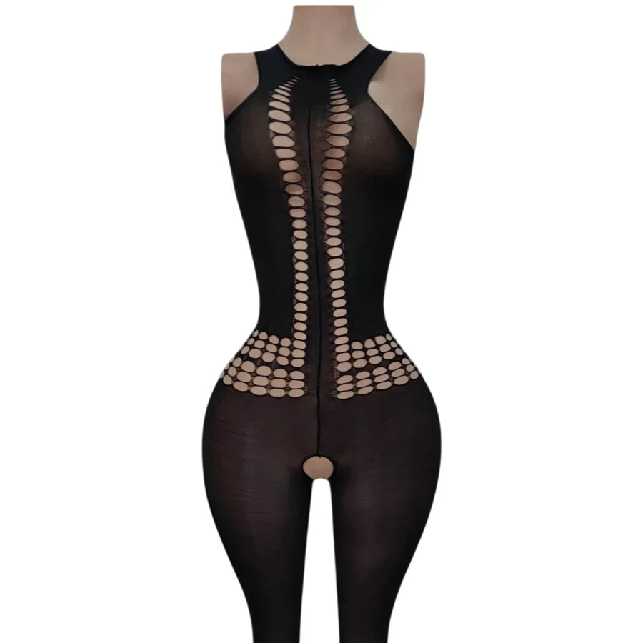 Hollow out Knitted Bodysuit Tight Elastic Nightgown See-through Temptation Sleepwear with Hole Design And Elastic Waist