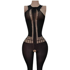 Hollow out Knitted Bodysuit Tight Elastic Nightgown See-through Temptation Sleepwear with Hole Design And Elastic Waist