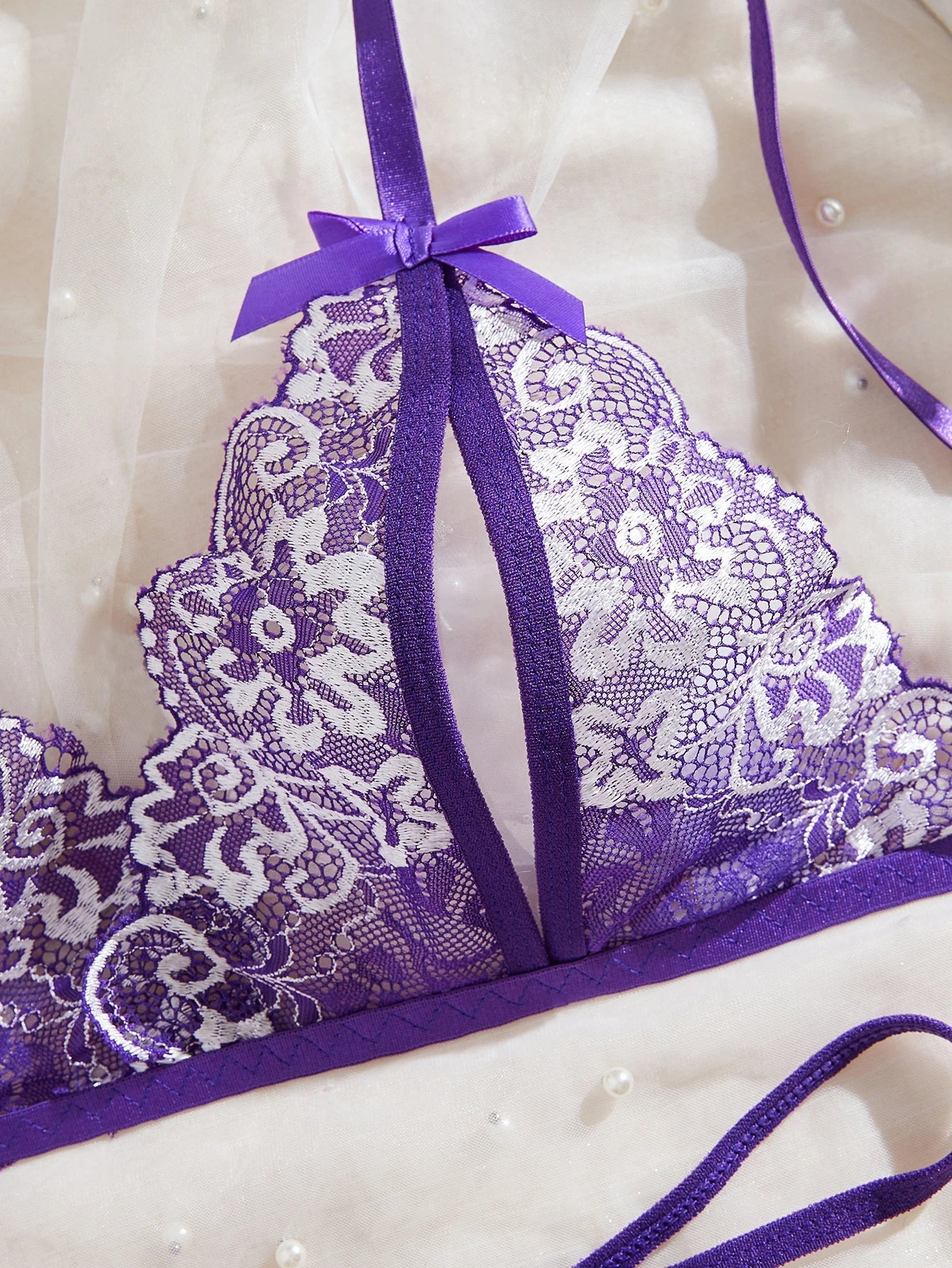 Lingerie Transparent Purple Bra Set Erotic Crotchless Embroidered Underwear Open Crotch Thong Lace Porn Costume