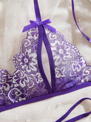 Lingerie Transparent Purple Bra Set Erotic Crotchless Embroidered Underwear Open Crotch Thong Lace Porn Costume
