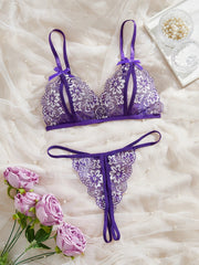 Lingerie Transparent Purple Bra Set Erotic Crotchless Embroidered Underwear Open Crotch Thong Lace Porn Costume