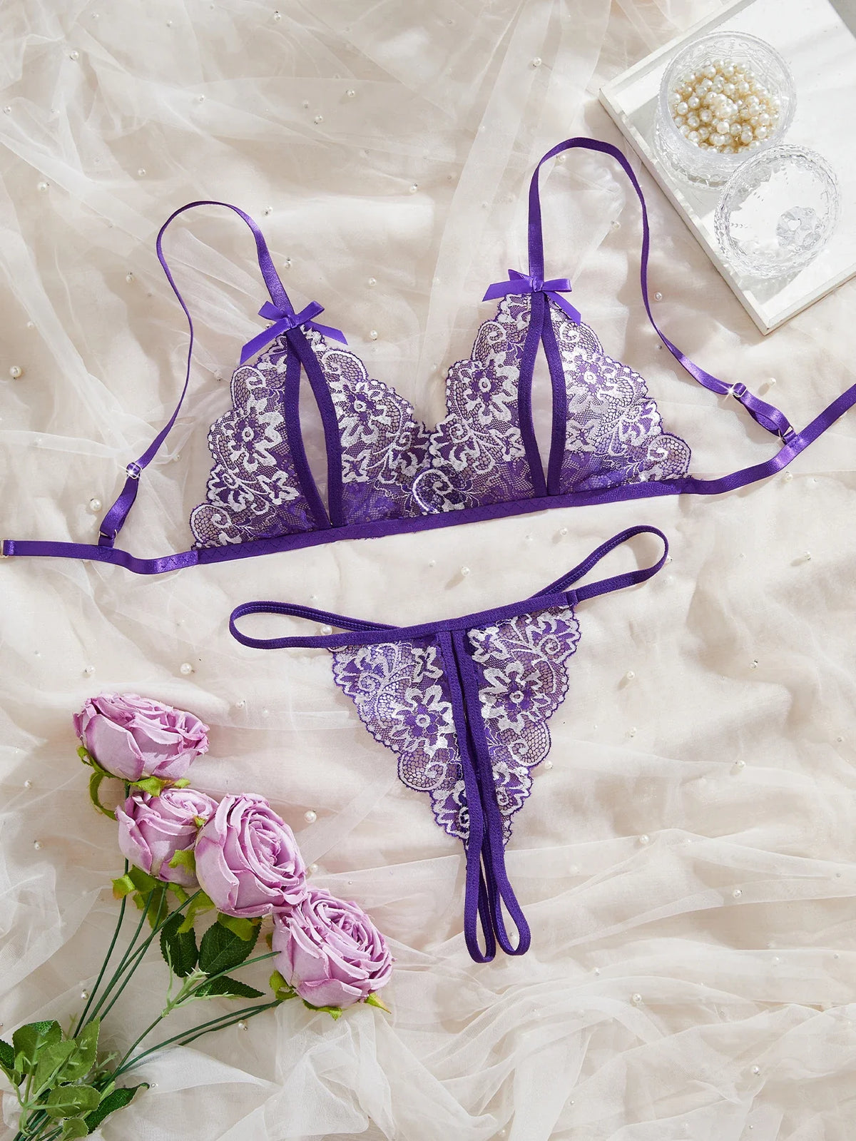Lingerie Transparent Purple Bra Set Erotic Crotchless Embroidered Underwear Open Crotch Thong Lace Porn Costume
