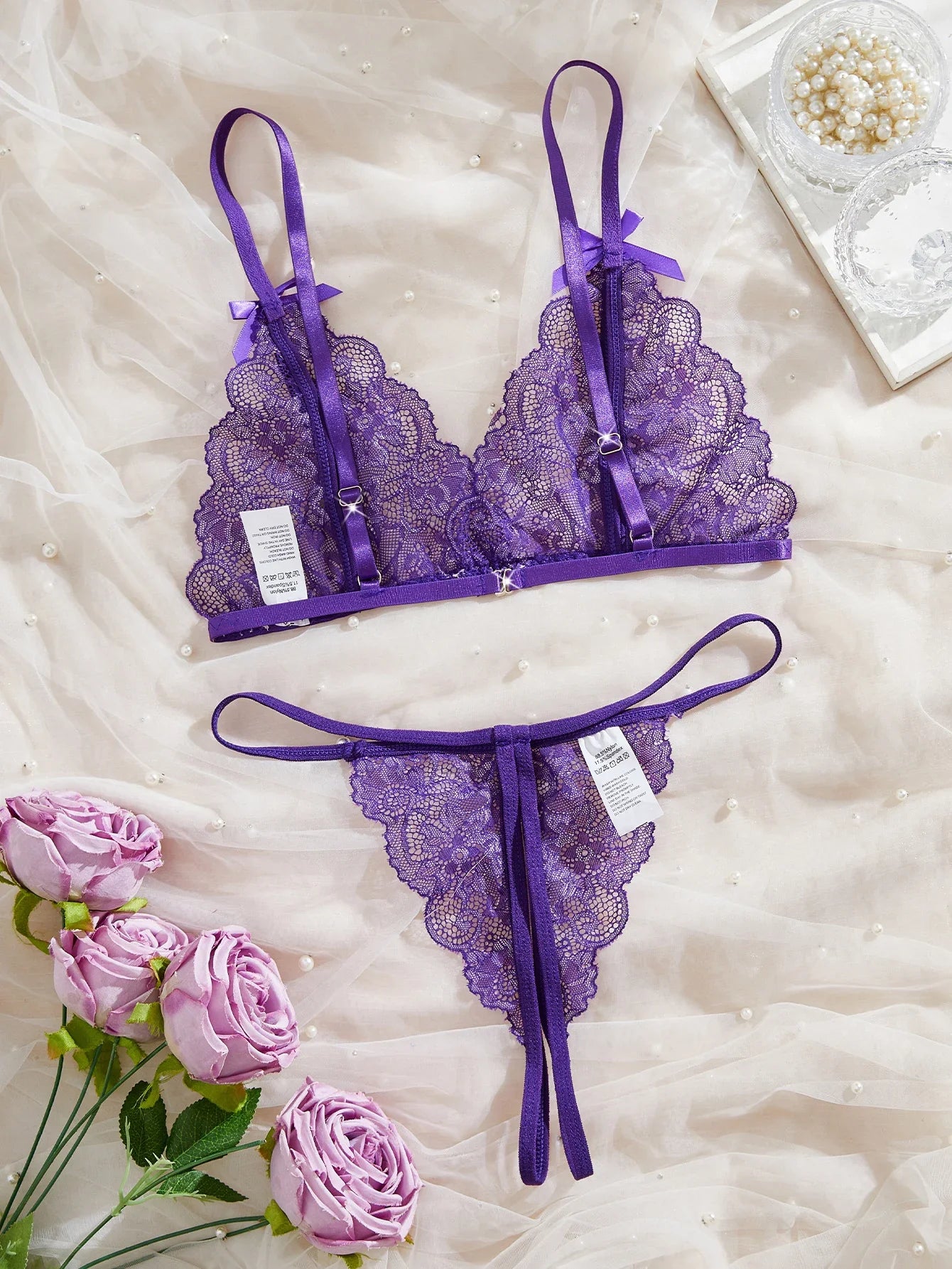Lingerie Transparent Purple Bra Set Erotic Crotchless Embroidered Underwear Open Crotch Thong Lace Porn Costume