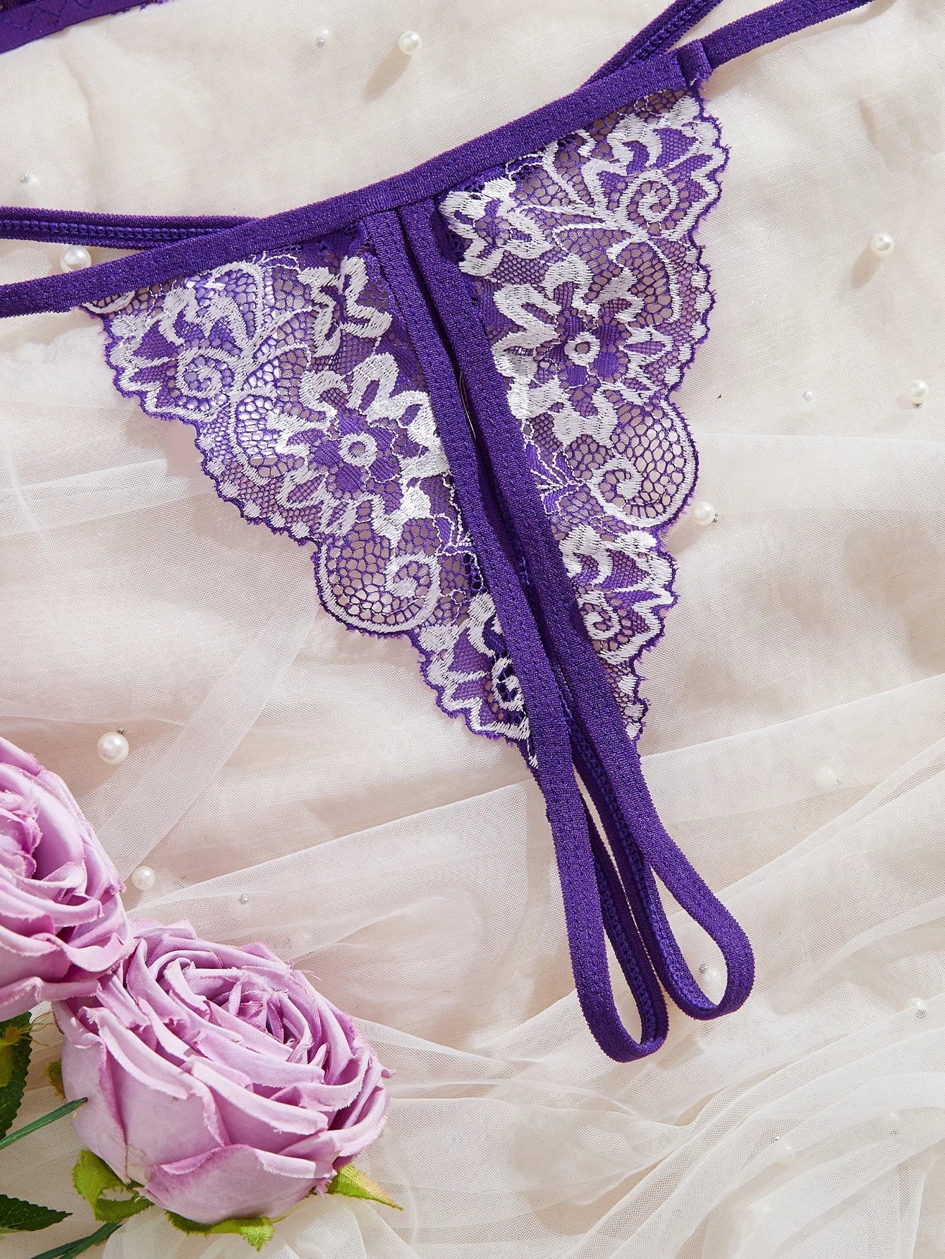 Lingerie Transparent Purple Bra Set Erotic Crotchless Embroidered Underwear Open Crotch Thong Lace Porn Costume
