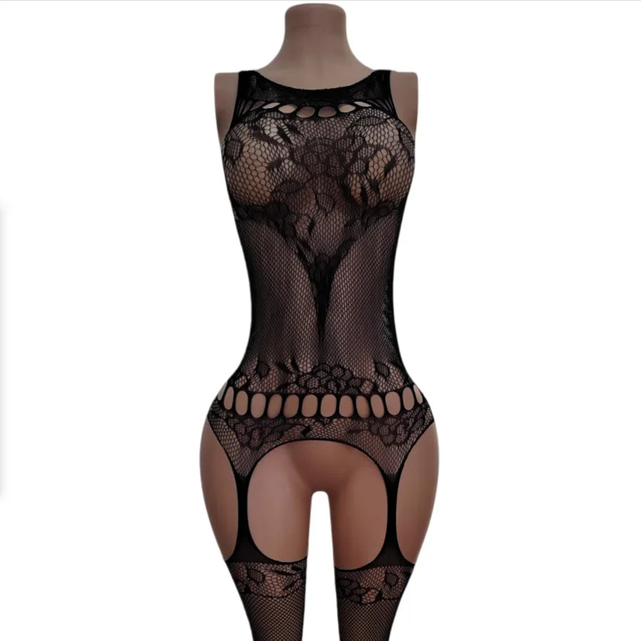Lace Hollow out Sleeveless Bodysuit Stocking Pattern Fishnet Butt Exposure See through Temptation Nightgown Adult Toy