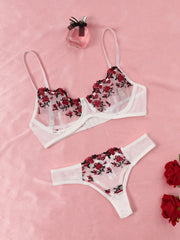 Lace Lingerie Push Up Lingerie Semi-Sheer Bra And Panty Sets Gathering Chest Underwear Flower Embroidery Bralette Set