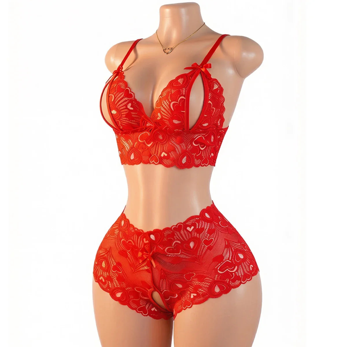 Lace Lingerie Sets Hollow Out Bra And Panty High Waist Sheer Mesh Babydoll Sleepwear Valentine's Day Clothing