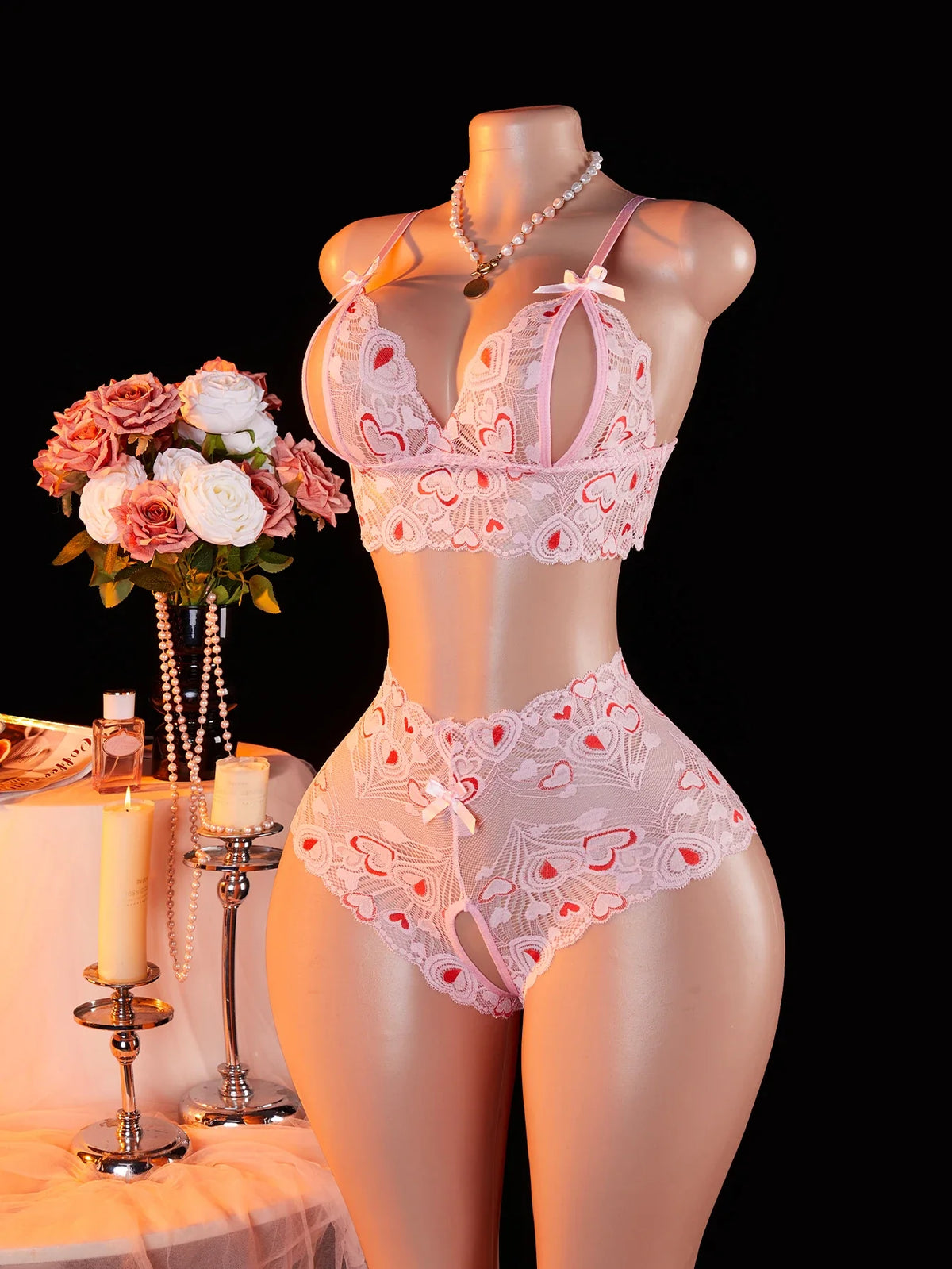 Lace Lingerie Sets Hollow Out Bra And Panty High Waist Sheer Mesh Babydoll Sleepwear Valentine's Day Clothing