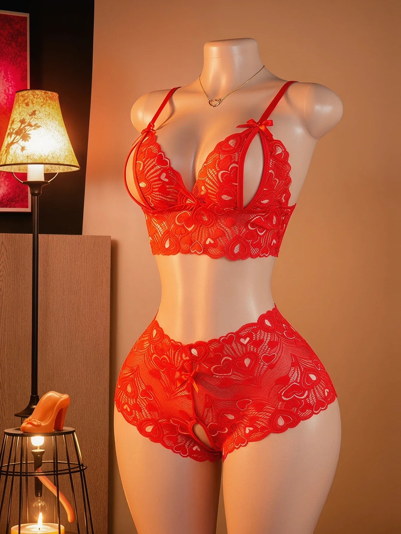 Lace Lingerie Sets Hollow Out Bra And Panty High Waist Sheer Mesh Babydoll Sleepwear Valentine's Day Clothing