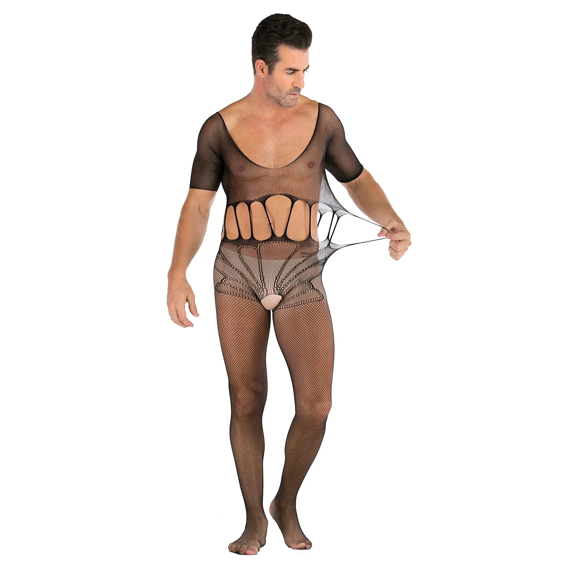 Lattice Net Stockings Open-Crotch Short-Sleeve One-Piece Net Clothes Men's Sleepwear Breathable Underwear Men's Thong