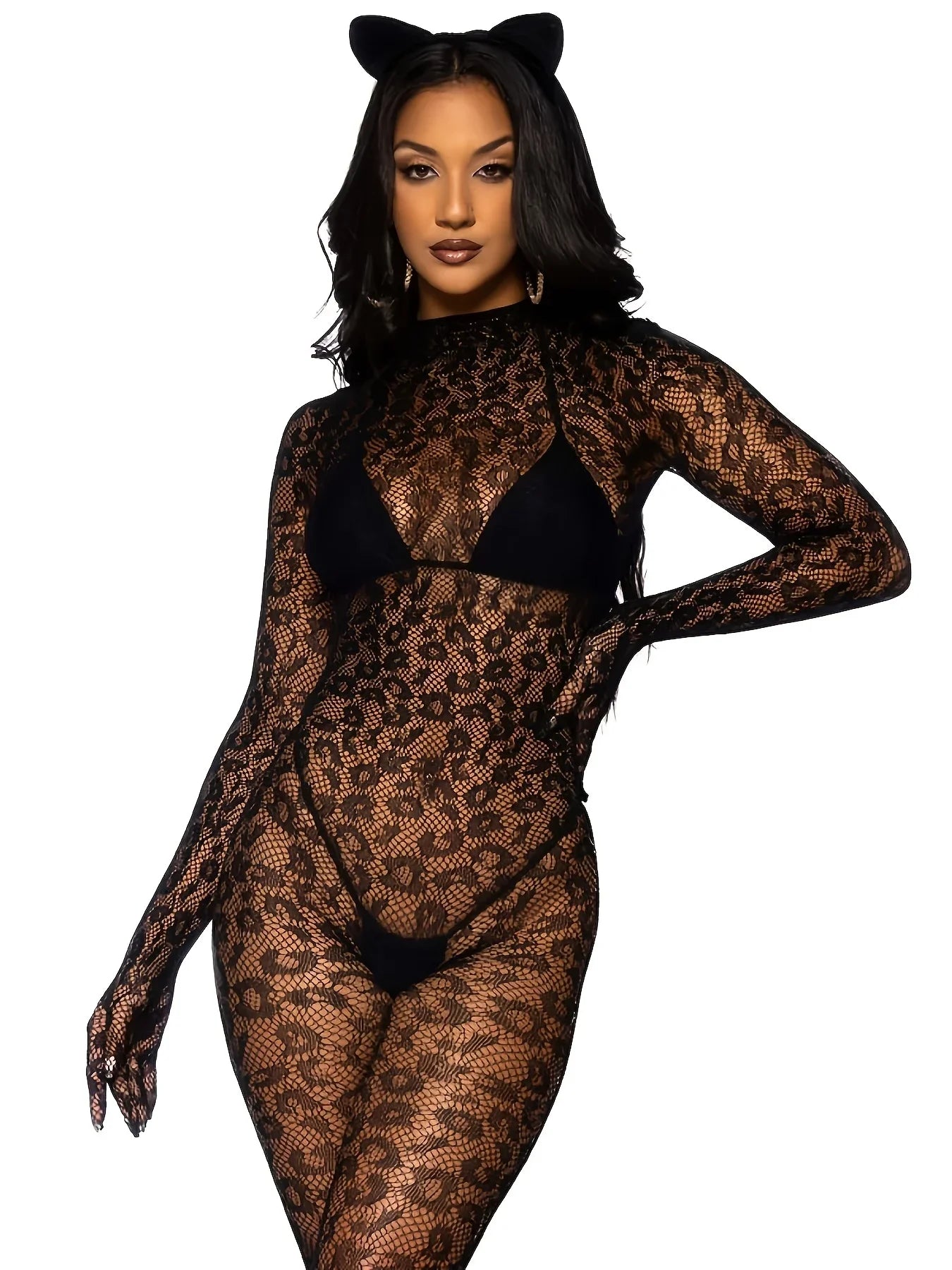 Leopard Print One-Piece Ladies Jumpsuit Long Sleeve Hollow out Mesh Tight Sleepwear Bodysuit with Leggings