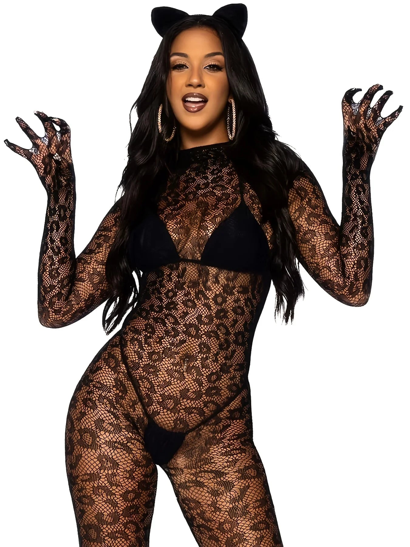 Leopard Print One-Piece Ladies Jumpsuit Long Sleeve Hollow out Mesh Tight Sleepwear Bodysuit with Leggings
