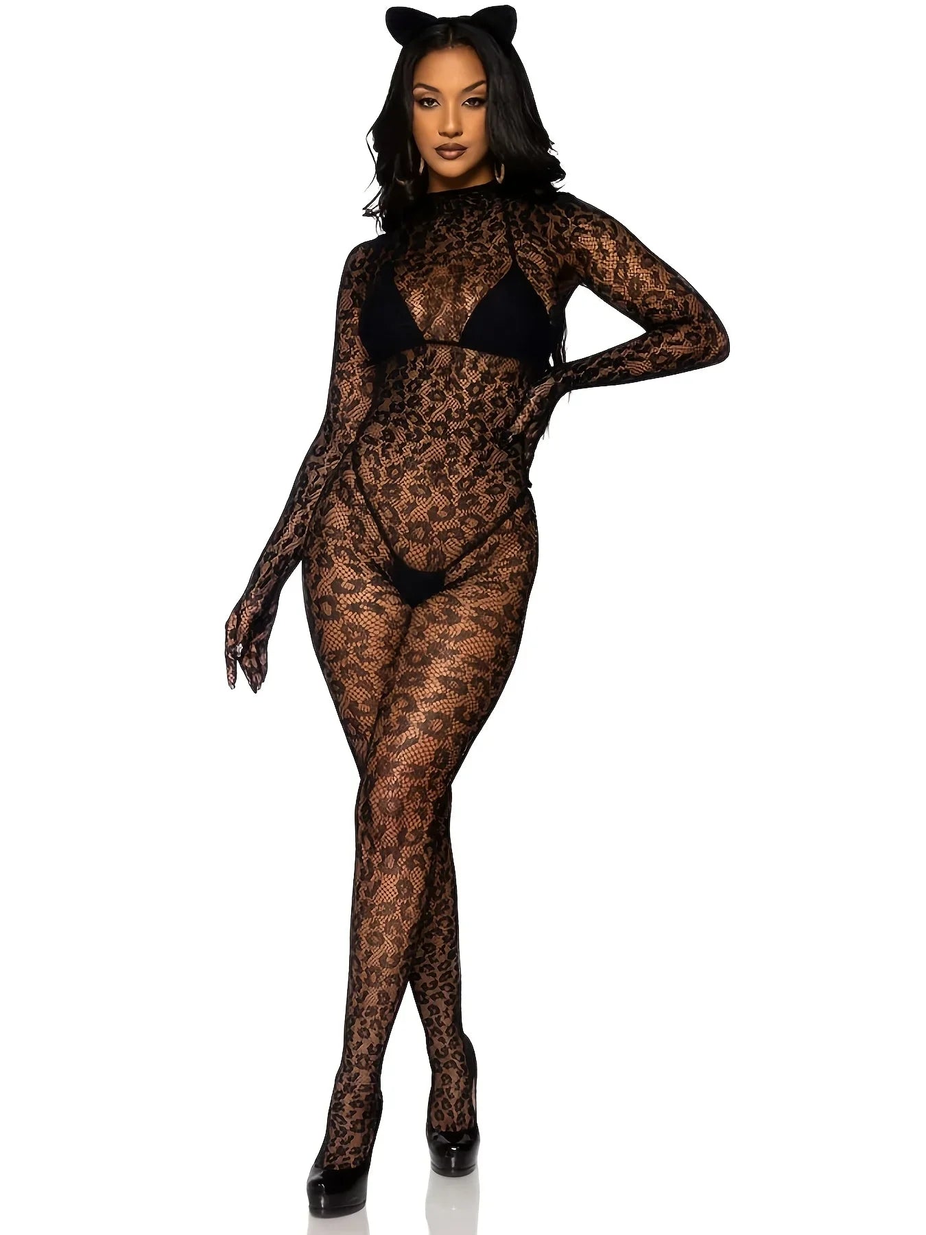 Leopard Print One-Piece Ladies Jumpsuit Long Sleeve Hollow out Mesh Tight Sleepwear Bodysuit with Leggings