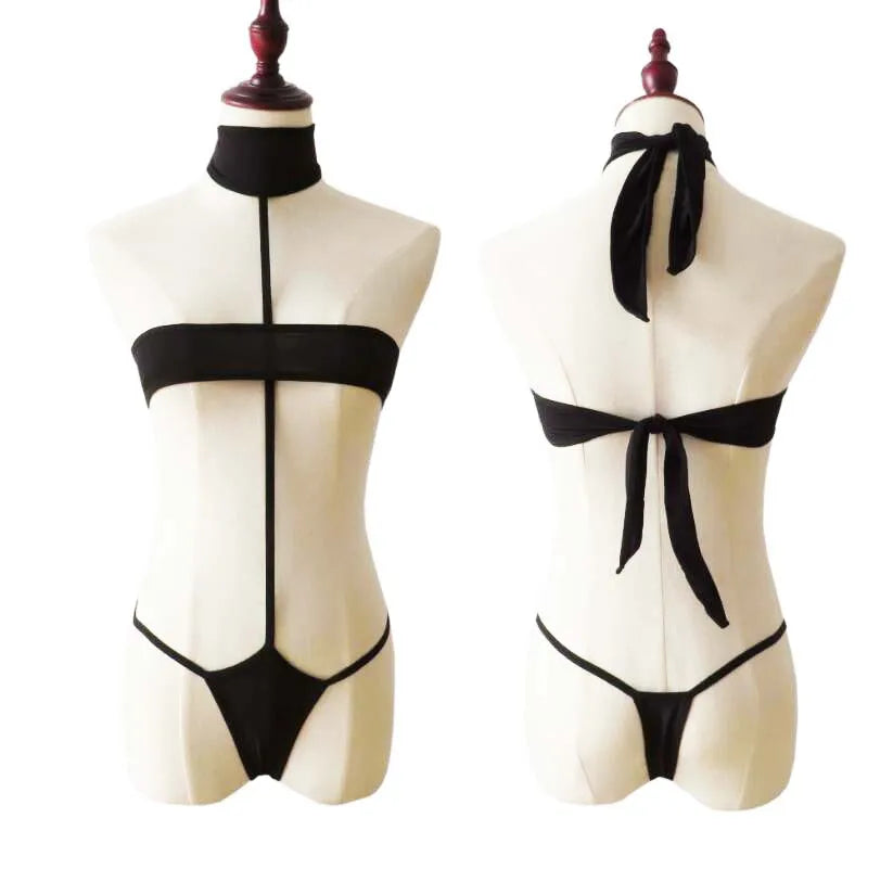 Lingerie 2 Piece Halter Neck Bikini Lingerie Set Mini Bikini Open Micro Bra Top Briefs Panties