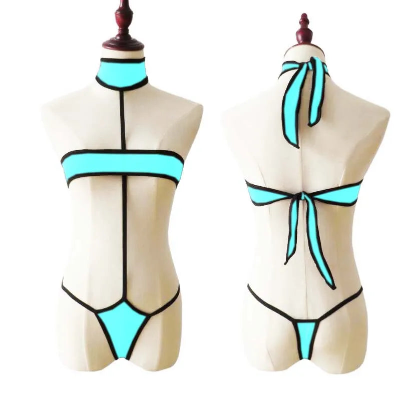 Lingerie 2 Piece Halter Neck Bikini Lingerie Set Mini Bikini Open Micro Bra Top Briefs Panties
