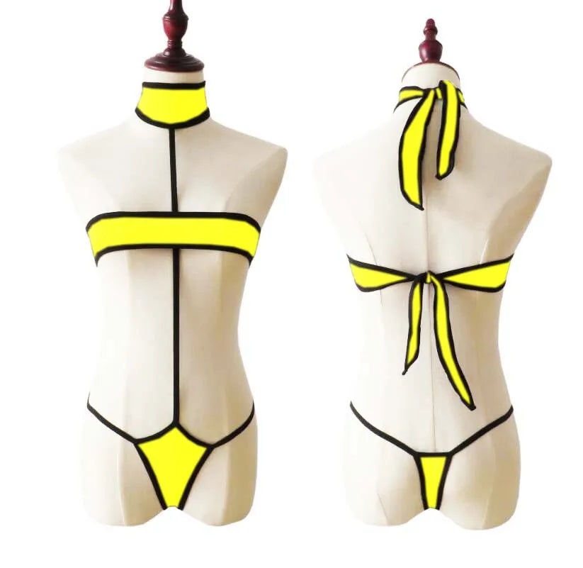 Lingerie 2 Piece Halter Neck Bikini Lingerie Set Mini Bikini Open Micro Bra Top Briefs Panties