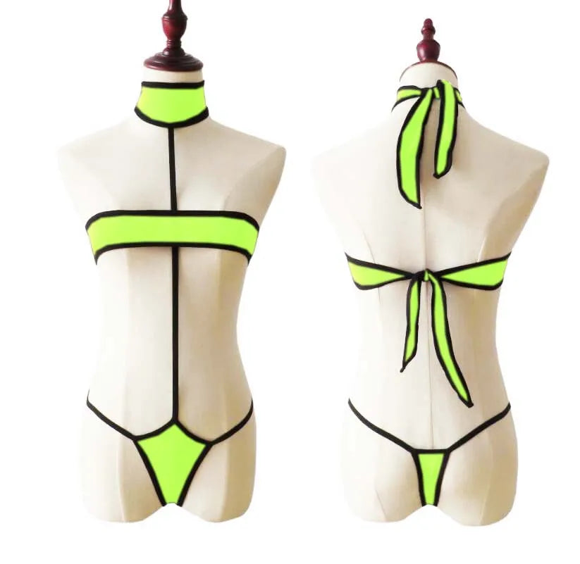 Lingerie 2 Piece Halter Neck Bikini Lingerie Set Mini Bikini Open Micro Bra Top Briefs Panties