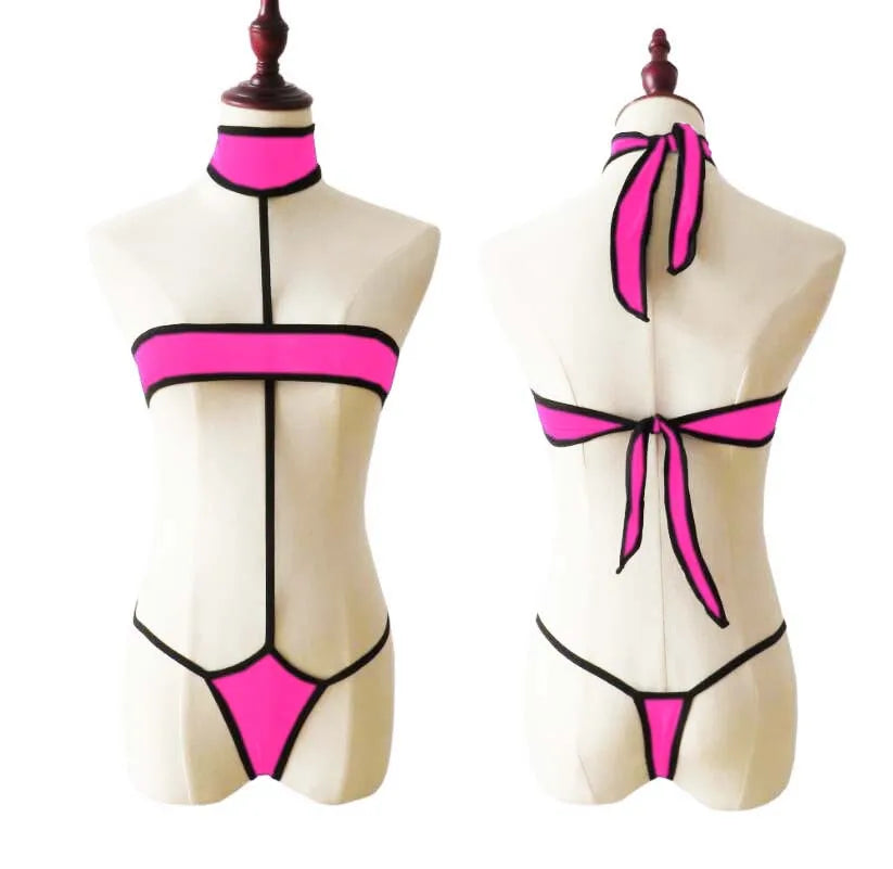 Lingerie 2 Piece Halter Neck Bikini Lingerie Set Mini Bikini Open Micro Bra Top Briefs Panties