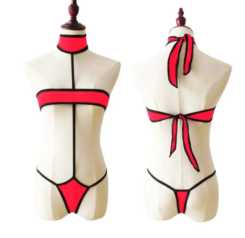 Lingerie 2 Piece Halter Neck Bikini Lingerie Set Mini Bikini Open Micro Bra Top Briefs Panties