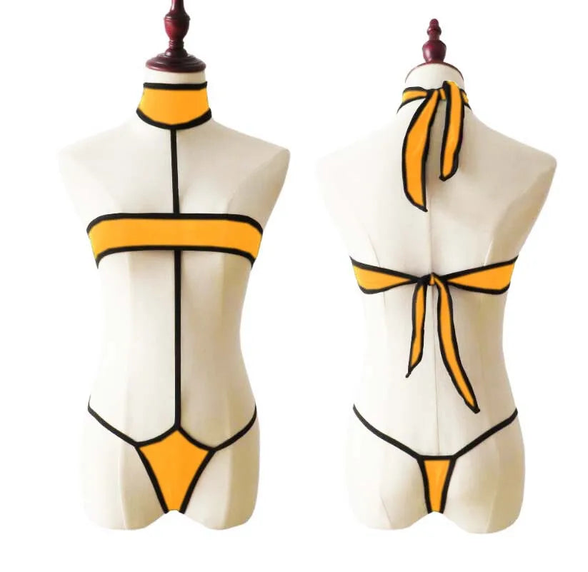Lingerie 2 Piece Halter Neck Bikini Lingerie Set Mini Bikini Open Micro Bra Top Briefs Panties