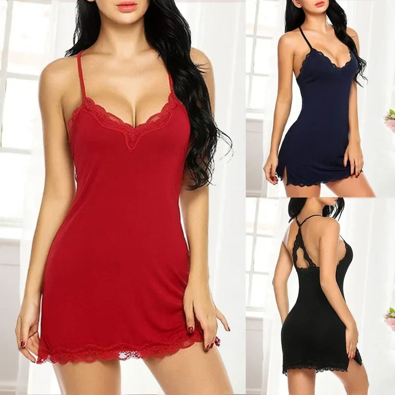 Lingerie Mini Dress Fashion Ladies Sleepwear Lace Silk Satin Nighties See Through Nightwear Nightgowns Pajamas
