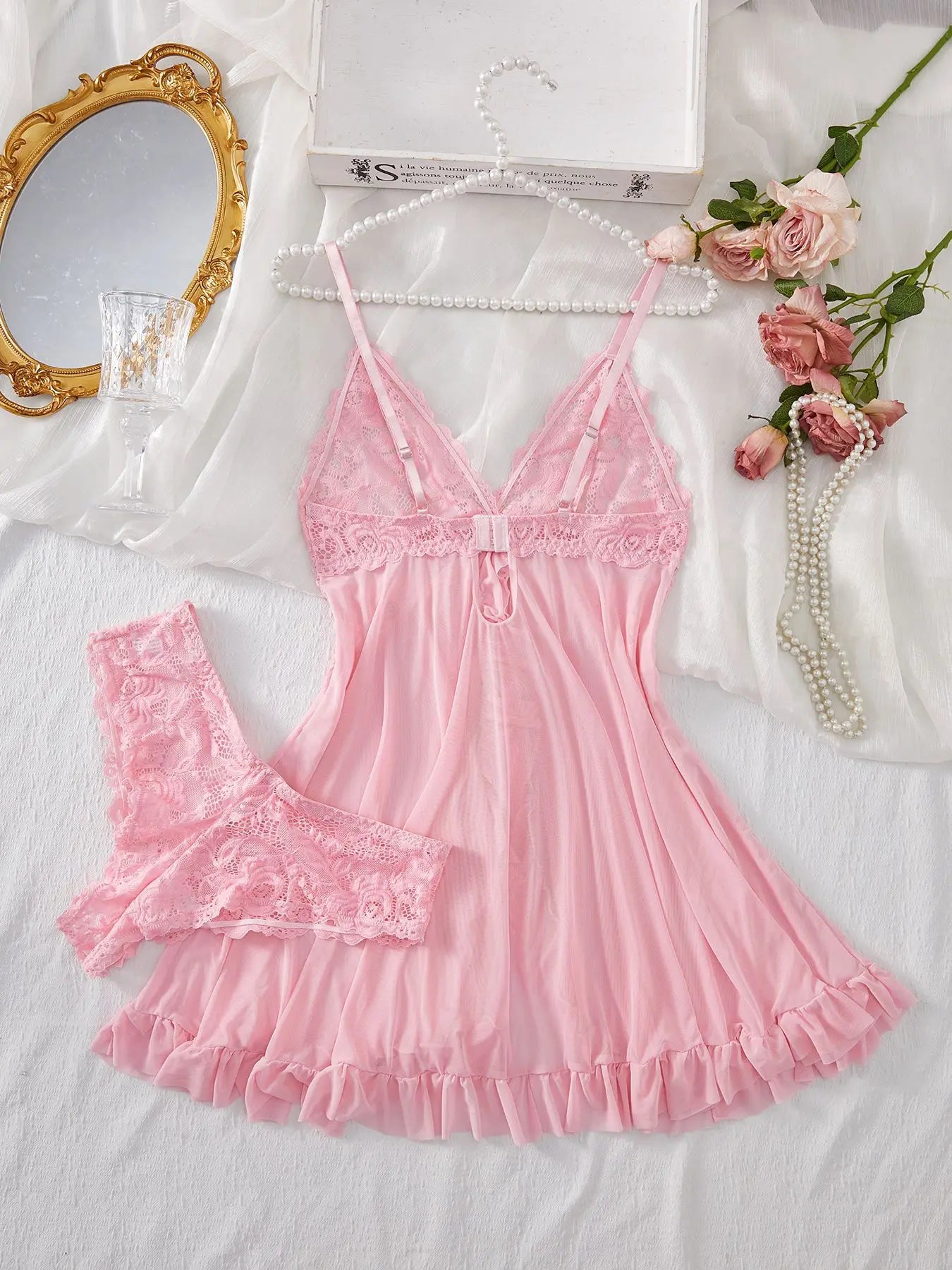 Lingerie Set Erotic Bra Nightdress Lace Sleepwear Solid Slim Soft Dresses V Neck Full Slip Sleepwear & Dresses