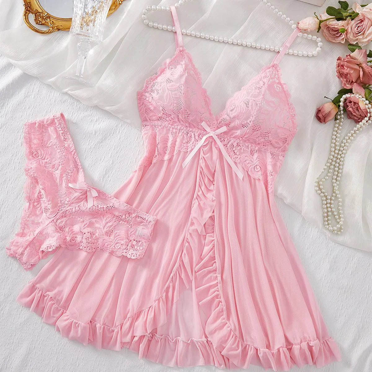 Lingerie Set Erotic Bra Nightdress Lace Sleepwear Solid Slim Soft Dresses V Neck Full Slip Sleepwear & Dresses