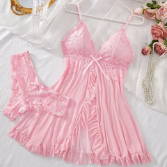 Lingerie Set Erotic Bra Nightdress Lace Sleepwear Solid Slim Soft Dresses V Neck Full Slip Sleepwear & Dresses