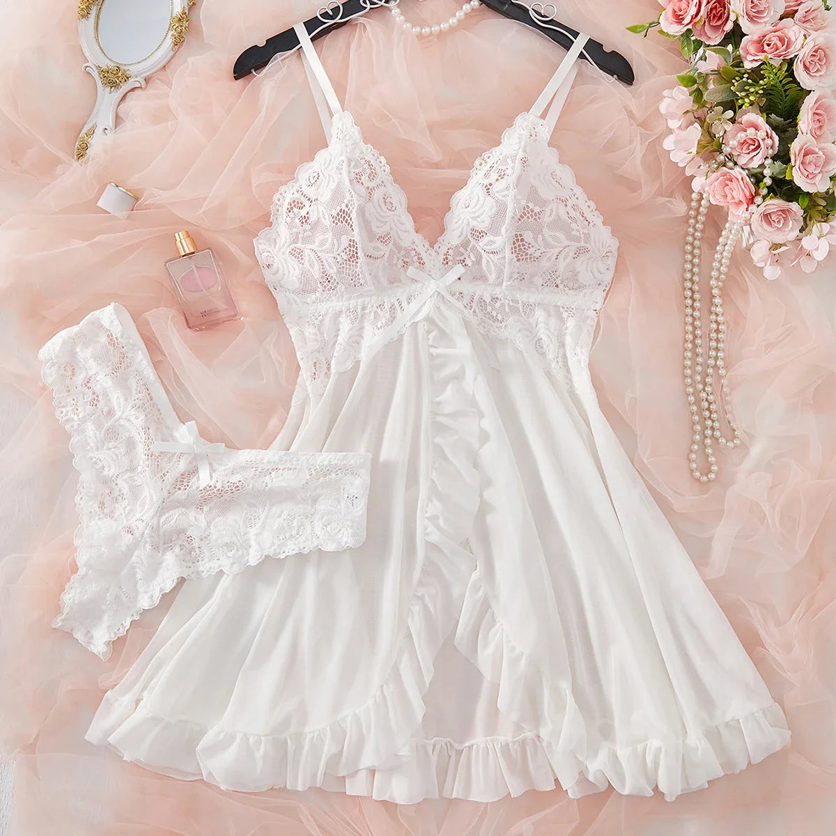 Lingerie Set Erotic Bra Nightdress Lace Sleepwear Solid Slim Soft Dresses V Neck Full Slip Sleepwear & Dresses