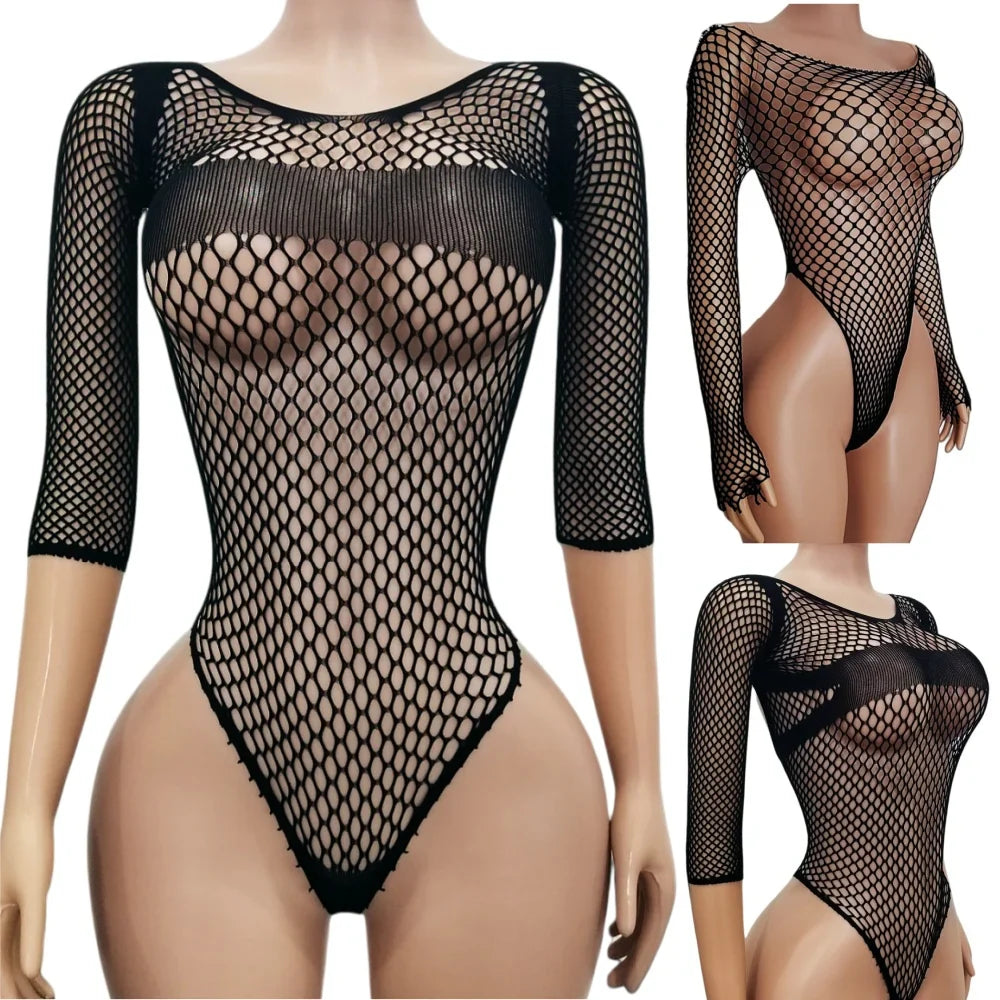 Lingerie Tights open crotch teddy mesh hollow bodysuit jumpsuit elastic intimate underwear