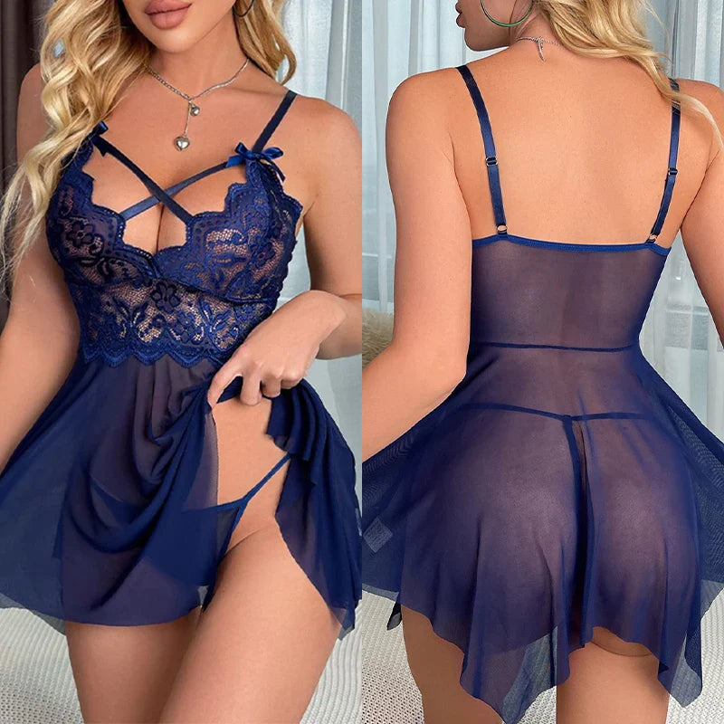 Lingerie Crotchless Sleepwear Pajamas Lace Night Dress Erotic Costumes Exotic Female Underwear Nightgown G-string