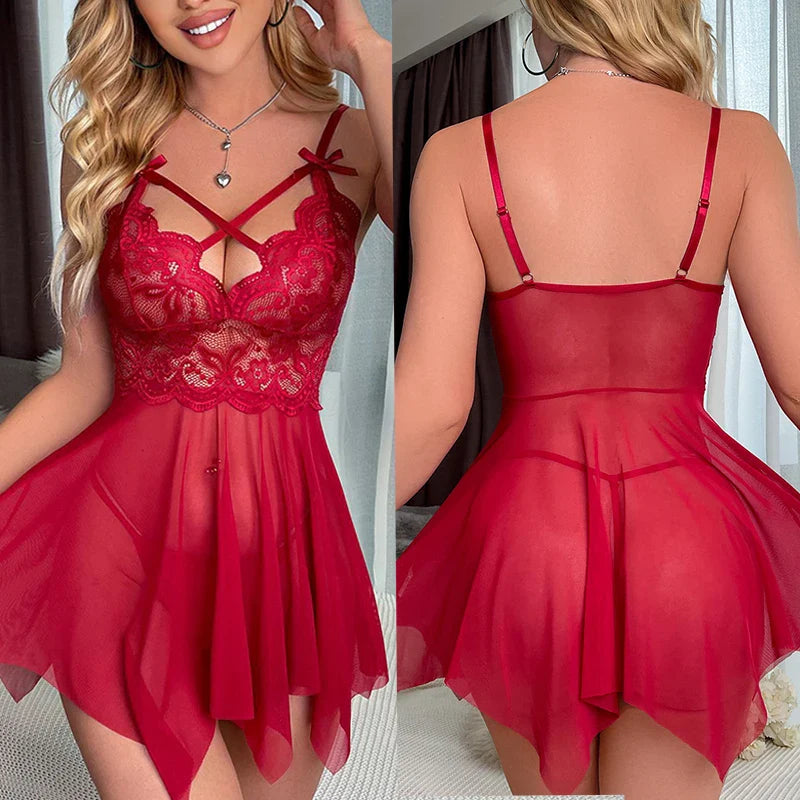 Lingerie Crotchless Sleepwear Pajamas Lace Night Dress Erotic Costumes Exotic Female Underwear Nightgown G-string