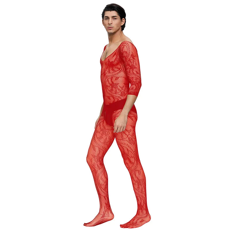 Men's Long Sleeve Bodysuit with Open Crotch No Need to Strip off Net Tights Sensual One-Piece Underwear