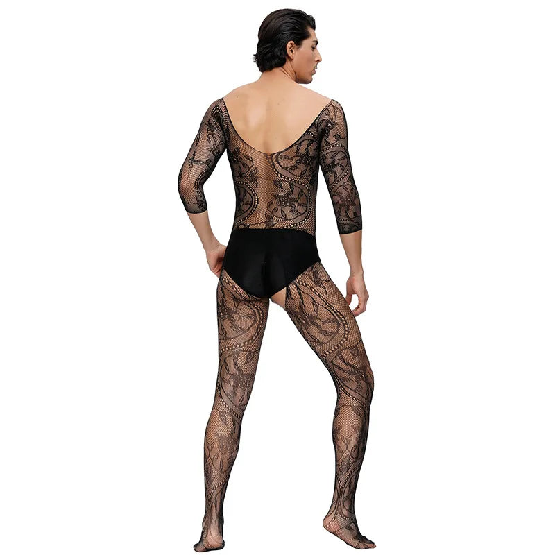 Men's Long Sleeve Bodysuit with Open Crotch No Need to Strip off Net Tights Sensual One-Piece Underwear