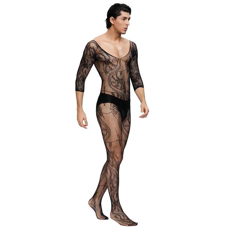 Men's Long Sleeve Bodysuit with Open Crotch No Need to Strip off Net Tights Sensual One-Piece Underwear