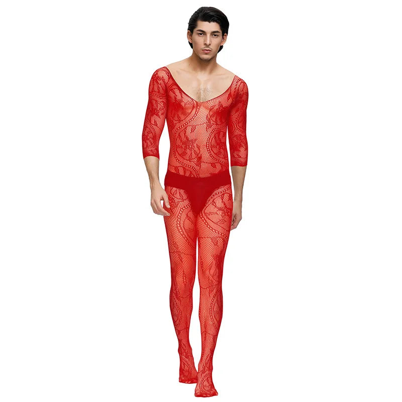 Men's Long Sleeve Bodysuit with Open Crotch No Need to Strip off Net Tights Sensual One-Piece Underwear